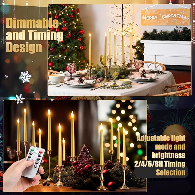 Baquler 120 Pcs Flameless Taper Candles with Remote and Timer 11" Battery Operated Candlesticks LED Flickering Faux Candles Warm Light for Wedding Holiday Party Home Decor (Gold)