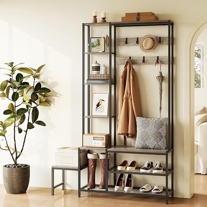 Hall Tree with Shoe Storage Bench Coat Rack with 7 Hooks Interchangeable 4 Tier Side Storage Shelves Small Cute Side Bench Industrial 5-in-1 Entryway Coat Rack for Hallway Mudroom Bedroom