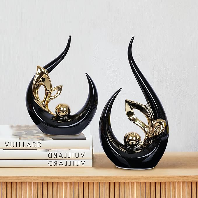 2 PCS Black Gold Home Decor Accent Ceramic Statue Abstract Sculptures Centerpieces Mid Century Modern Decor for Tables Coffee Table top Decorations for Living Room Desktop Shelf Dining Room Kitchen