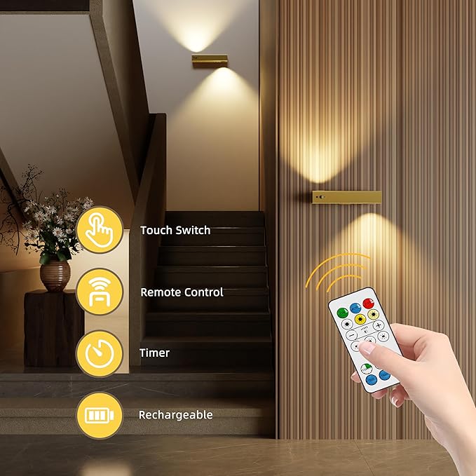 Motion Sensor Wall Light with Remote Control, Rechargeable Magnetic Wall Light, Wireless Motion Sensor Light Indoor Suitable for Hallway Light Room LED Night Light -1 Pack Brass