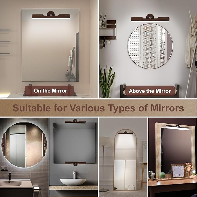 Vanity Light for Mirror with 4000mAh Rechargeable Battery, Touch Control Dimmable Makeup Light with 3 Color Modes, Magnetic 360° Adjustable LED Bathroom Mirror Light, Dark Wood