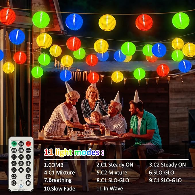 Outdoor String Lights Plug in, 40ft 40LED Connectable WarmWhite & Multicolor Nylon Lantern String Lights with Remote, Timer Outdoor Waterproof Patio Lights for Fences Balcony Garden Camping