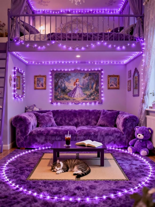 Purple Led Lights Strip Indoor Rope Lights Easy DIY Cuttable Strip Lights for Room Bathroom Living Room Kitchen Ceiling Wall Vanity Mirror Decor