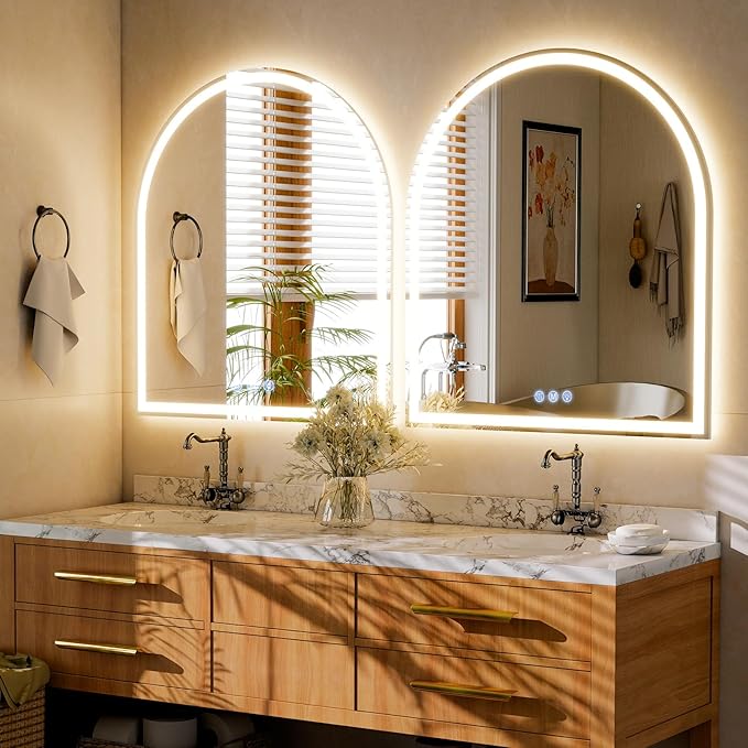 BEAUTYPEAK 34x30 LED Arch Bathroom Mirror with Lights, Anti-Fog, Dimmable, Backlit + Front Lit, Lighted Bathroom Vanity Mirror for Wall, 3 Colors, Memory Function, Tempered Glass, Shatter-Proof