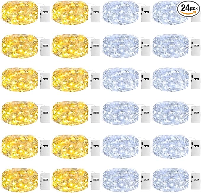 24 Pack Fairy Lights with Timer Battery Operated, 3 Modes 7ft Mini Twinkle Lights Waterproof, 20 LED Bulk String Light for Mason Jars Christmas Decoration Wedding Table Centerpieces,Warm+Cool White