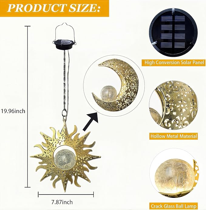 Solar Hanging Lights for Outside Garden,Outdoor Metal Lanterns Sun Moon Lamp, Large Decorations for Yard Garden Patio Proch Tree Wall, Christmas Gifts for Women Mom