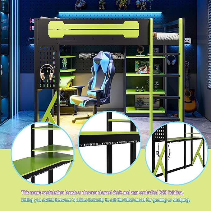 MERITLINE Ultimate Gaming & Study Loft Bed: Full Size Wood Frame with Integrated Desk, RGB Lights, Charging Station, Bookshelf & Pegboard (Black+Green)