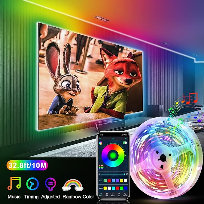 HOUHUI LED Strip Lights with Smart IC, 32.8Ft RGB IC LED Lights for Bedroom, App Control Color Changing Strip Light with Remote Music Sync for Home Game Room Kitchen Party Bar Indoor Lighting Decor
