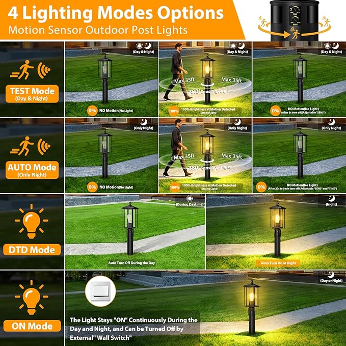 17" Motion Sensor Outdoor Post Lights, Dusk to Dawn Lamp Post Light Fixture with Tempered Glass, Waterproof Aluminum Pole Lights, Outside Lamp Posts Outdoor Lighting for Garden Yard Pathway (2-Pack)