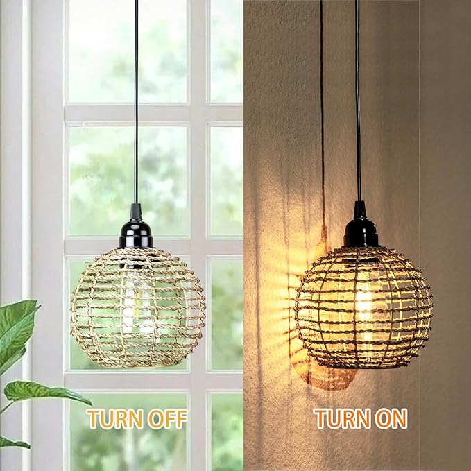 Battery Operated Hanging Pendant Lantern Lights, Outdoor Chandelier Light with Warm White LED Bulb, Handwoven Seagrass Ball Shade, Brightness Timer Adjustable for Patio Tree Pergola Gazebo Porch-2Pack