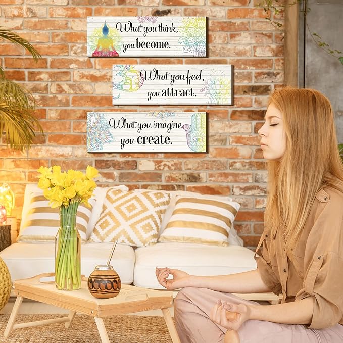 Yerliker 3 Buddha Decor Buddha Wall Art Meditation Room Chakra Decor for Bedroom Zen Quotes Wall Decoration Spiritual Gift Hanging Buddhism Spa Room Decoration Yoga Art for Women(White)