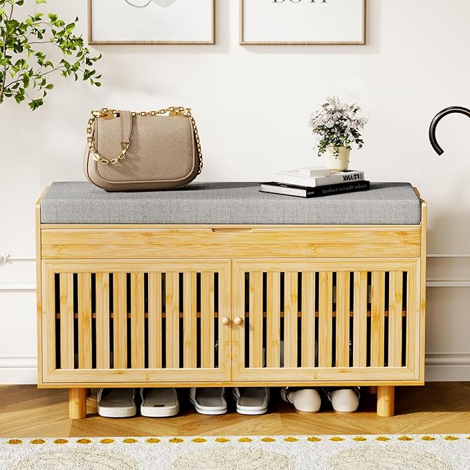 35.4in Shoe Storage Bench, Bamboo Entryway Bench with Lift Top Storage & Padded Seat Cushion, 2-Tier Shoe Rack Cabinet with 2 Doors for Entryway, Living Room, Bedroom, Mudroom, Natural