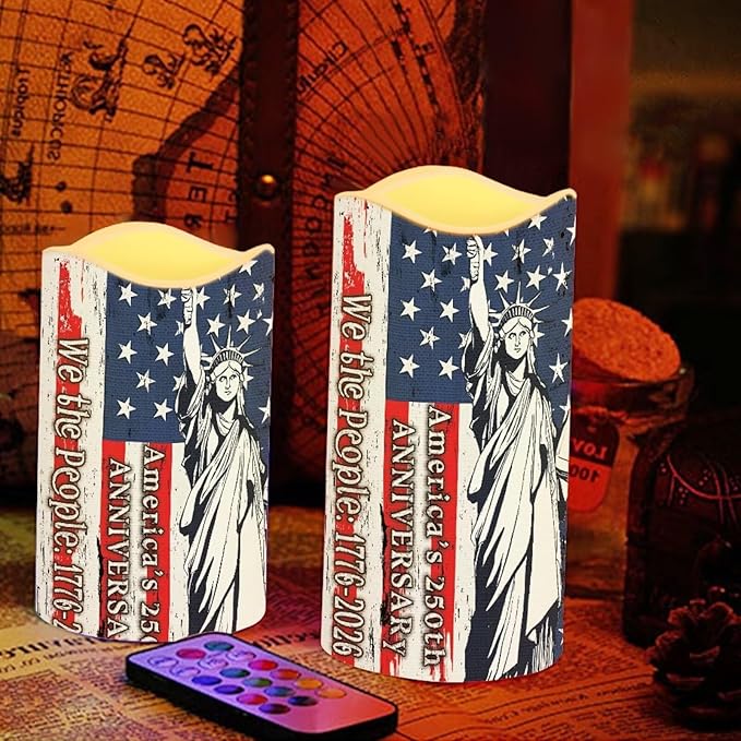 Statue of Liberty Flameless Candle 250th Anniversary Led Lights with Battery Operated Remote Control American Flag Independence Day Candles for Vintage Room Decor, 4 Pack