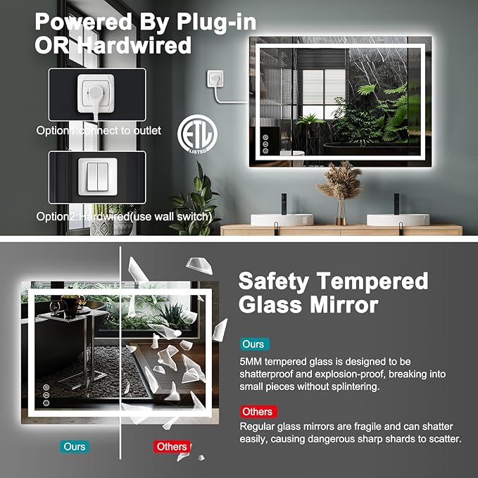48x36 LED Bathroom Mirror with Lights, Anti Fog Vanity Mirror Wall Mounted, Dimmable Front Light and Backlight, Memory Function Tempered Glass, Shatter Proof ETL Listed
