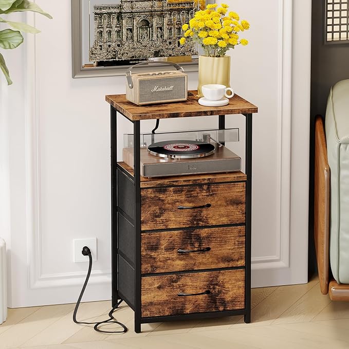Fixwal Night Stand with 3 Fabric Drawers, Nightstand for Bedroom, Bedside Table with Charging Station End Table with Storage, Rustic Brown (Pack of 2)