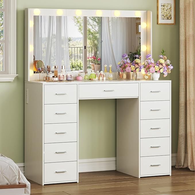 Large Vanity Desk with Mirror and Lights, 43.3" Makeup Vanity Desk with Lights, 3 Color Hollywood Bulbs, White Vanity with 11 Fabric Storage Drawers & Power Outlets for Bedroom Dressing Room