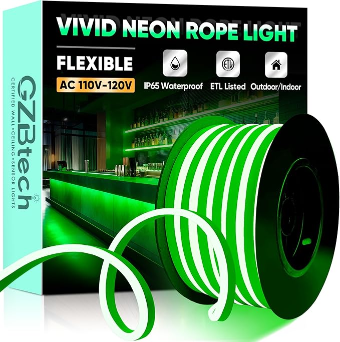 GZBtech Flexible LED Neon Rope Lights 33FT,AC 110-120V Waterproof Strip Light, 120 LEDs/M Cuttable Connectable Neon Lighting for Indoor Outdoor Home Decor/Commercial Building Use-Green 10M, ETL Listed