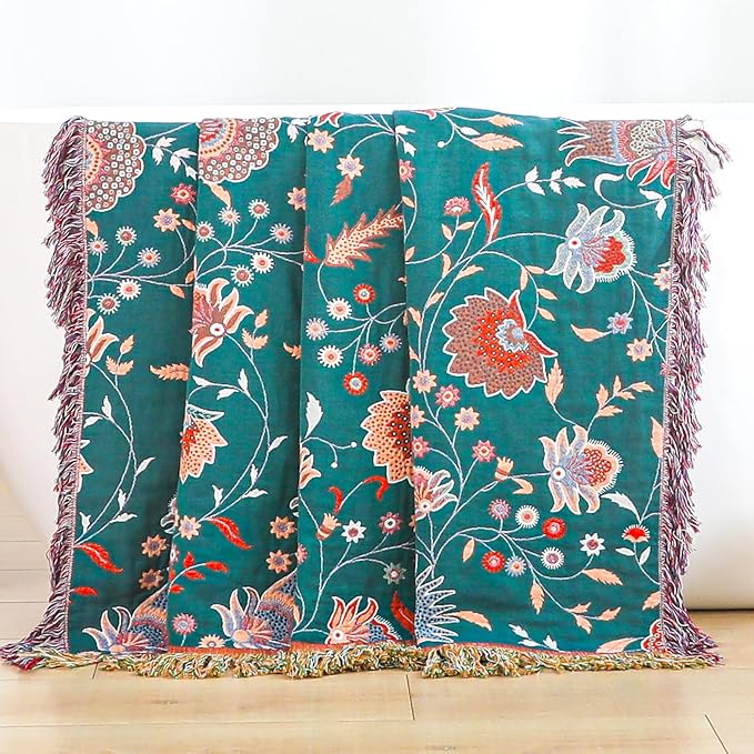Boho Throw Blanket for Bed,100% Ultra Cotton Soft Breathable Bed Throw Floral Printed Farmhouse Decor Rustic Bed Throws for Couch Sofa Quilt White Flowers 90" x 98"