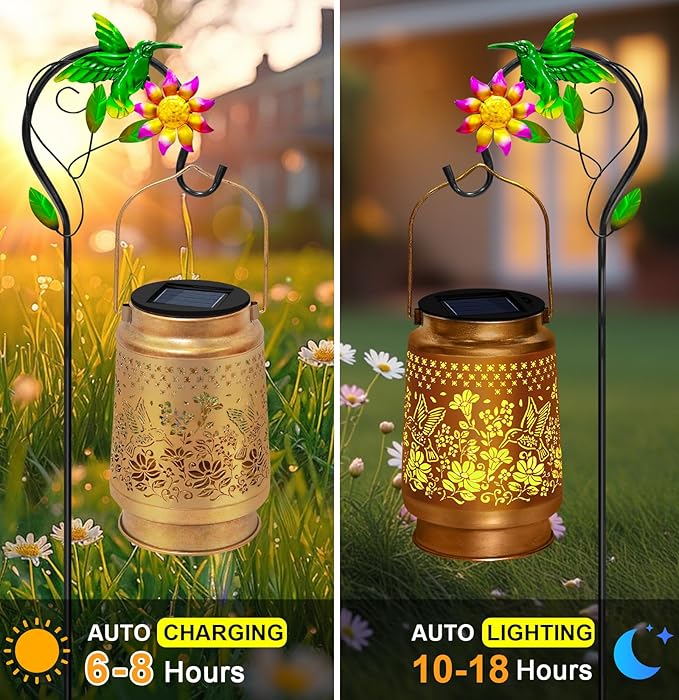 Hummingbird Solar Lanterns Outdoor Waterproof, Hanging Solar Lights Garden Lanterns with Shepherd Hook, Metal Garden Decor for Yard, Patio, Lawn, Landscape, Gifts for Women Mom Christmas