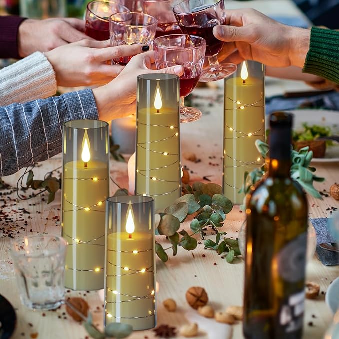 Wondise Flameless Flickering Candles with Embedded Star String Remote and Timer Battery Operated Flickering LED Candles Durable Acrylic Shell Pillar Candles for Christamas Home Decoration (4pack