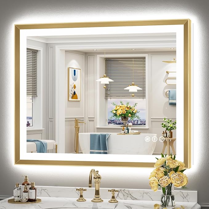 40x32 Gold Beveled LED Bathroom Mirror with Lights, Brushed Gold Framed Backlit and Front Lit Anti-Fog Lighted Vanity Mirrors for Bathroom Wall, Dimmable, 3 Colors, Memory, HD Tempered Glass