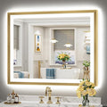 40x32 Gold Beveled LED Bathroom Mirror with Lights, Brushed Gold Framed Backlit and Front Lit Anti-Fog Lighted Vanity Mirrors for Bathroom Wall, Dimmable, 3 Colors, Memory, HD Tempered Glass