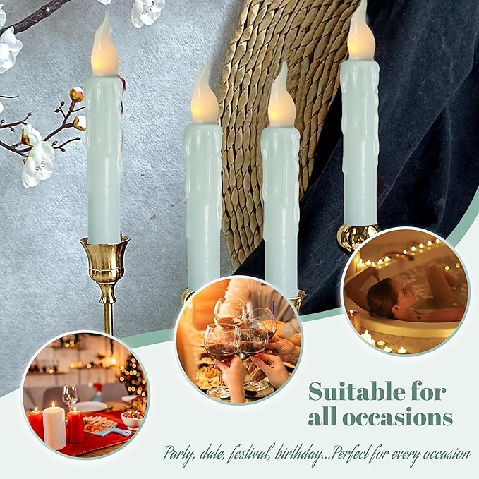 Blue Flameless Short Taper Candles, Real Wax Hand Dipped LED Battery Operated with Remote, Flickering Flame Lights for Festival Party Home Décor, 6.7 Inch Primitive Flameless Candles, 4PCS