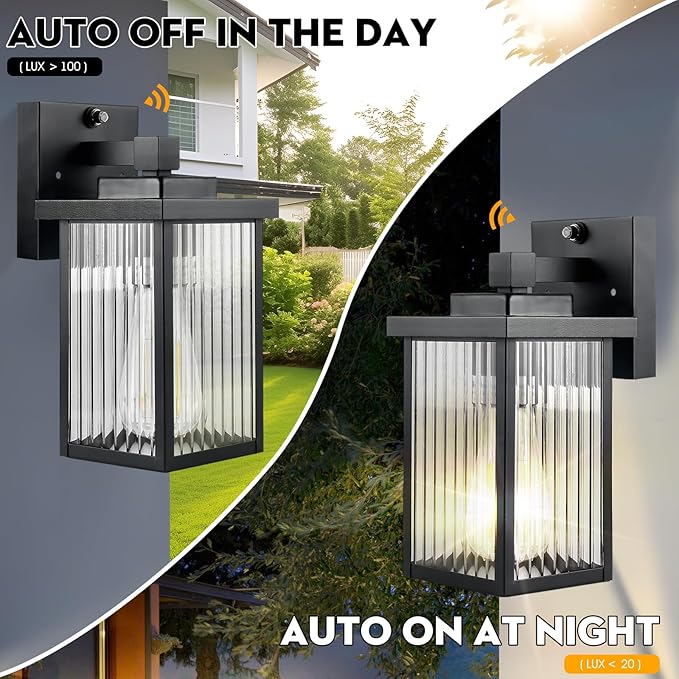2 Pack Dusk to Dawn Outdoor Lighting, Modern Wall Sconce with Textured Glass, Waterproof IP65 Exterior Light Fixture, Soft Glow Warm Ambiance for Front Door Porch Garage, 10.6 Inch Height, Black