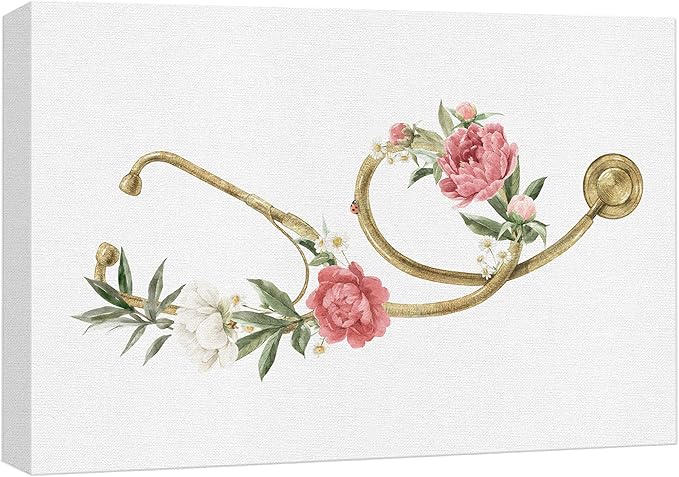 wall26 Canvas Print Wall Art Gold Doctor's Stethoscope Rose Flowers Medical & Hospital Health Illustrations Modern Art Floral Botanical Colorful Decorative for Living Room, Bedroom, Office - 24"x36"