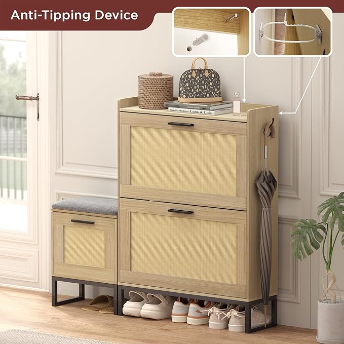 Maupvit Shoe Storage Cabinet with Bench,Rattan Entryway Shoe Storage Bench with 2 Flip Drawers and Hanging Hooks,Narrow Slim Shoe Cabinet for Entryway,Living Room,Hallway,Natural Oak