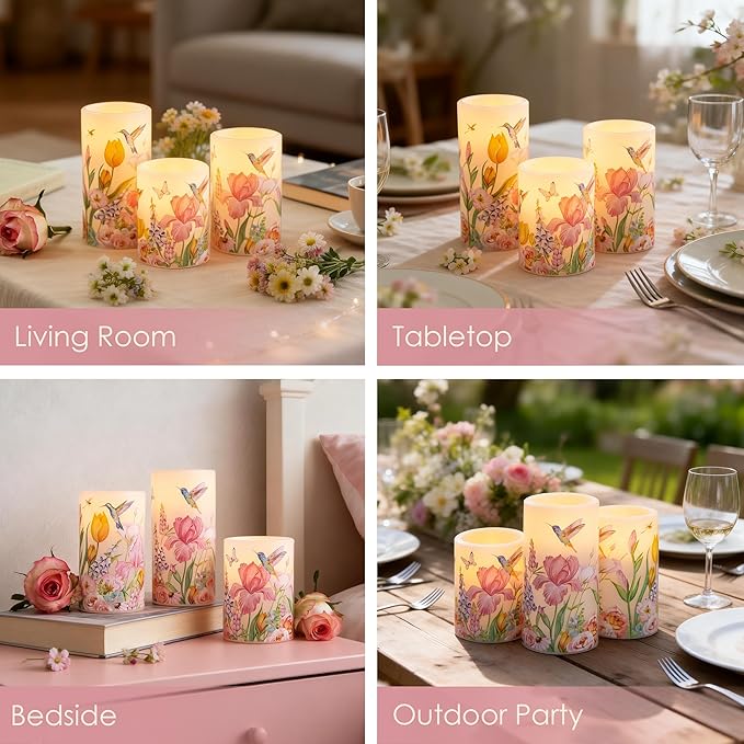 Flameless Candles with Remote, Battery Operated Candles Real Wax Hummingbird Flickering LED Candles Floral Christmas Decor Electric Pillar Candles Set of 3
