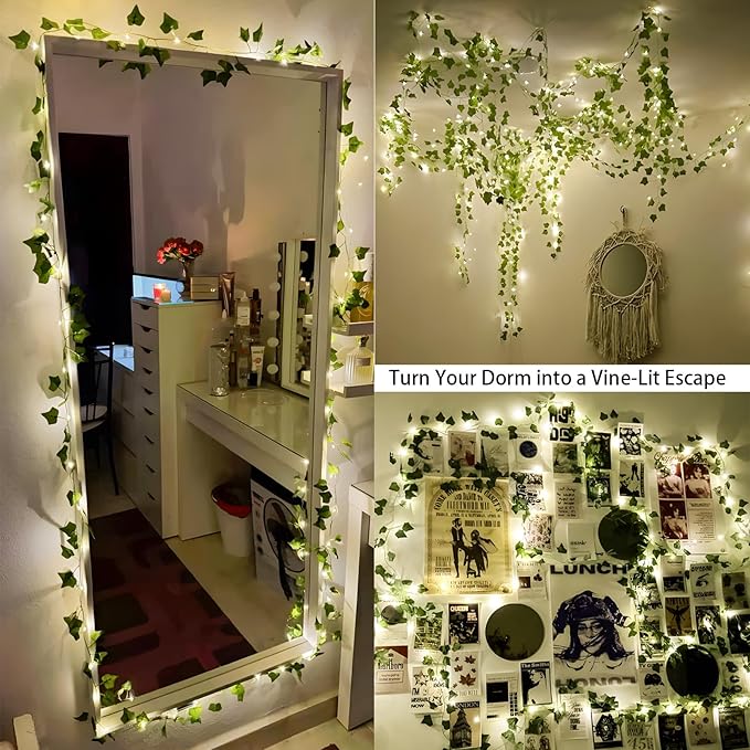 YOUNGAR Ivy Vines with Fairy Lights,Leaf String Warm White Lights Battery/USB Operated,23FT 73LED Fake for Bedroom Wall Room Wedding Birthday Garden Party Wall Room Decor