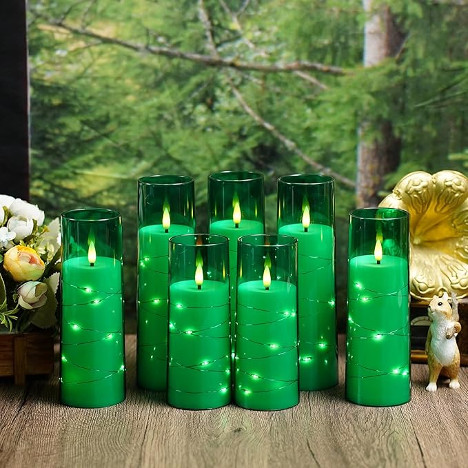Flameless Candles with Embedded Star String, Battery Operated LED Pillar Candles with Timer and Remote Control,Home Decorating for Ambiance， Set of 7 (Green)