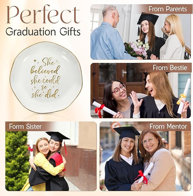 OASSIE Graduation Gifts for Women - 4x4 Round Ceramic Jewelry Dish Tray - Inspirational College High School Graduation Gifts for Friends Sister Women