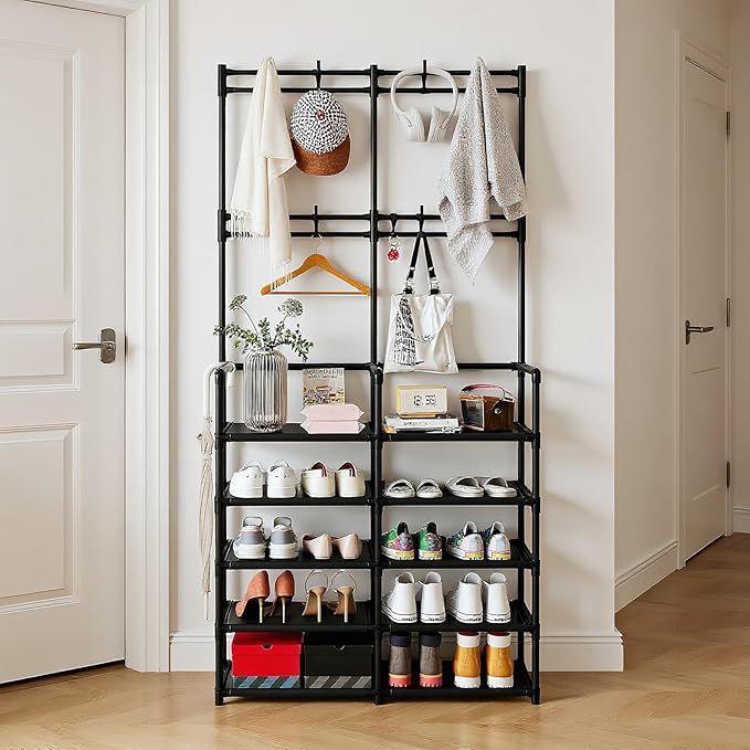 UDEAR 5-Tier Coat and Shoe Rack, Entryway Coat Rack with 8 Hooks, Double Row Shoes Organizer for Living Room, Bedroom, Office, Black