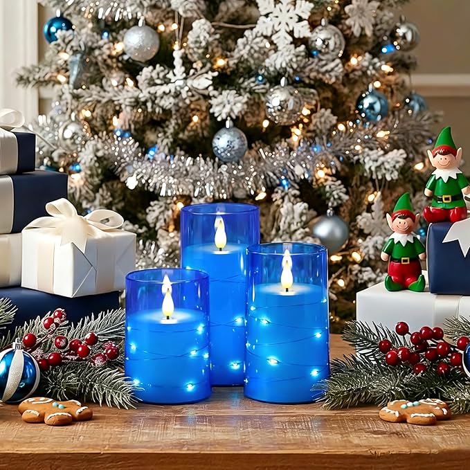 Homemory Flameless Candles with Embedded Star String Fairy Lights, Battery Operated Candles, LED Candle, Fake Candles with Remote Control and Timer, Blue, Set of 3(H 4" 5" 6”)