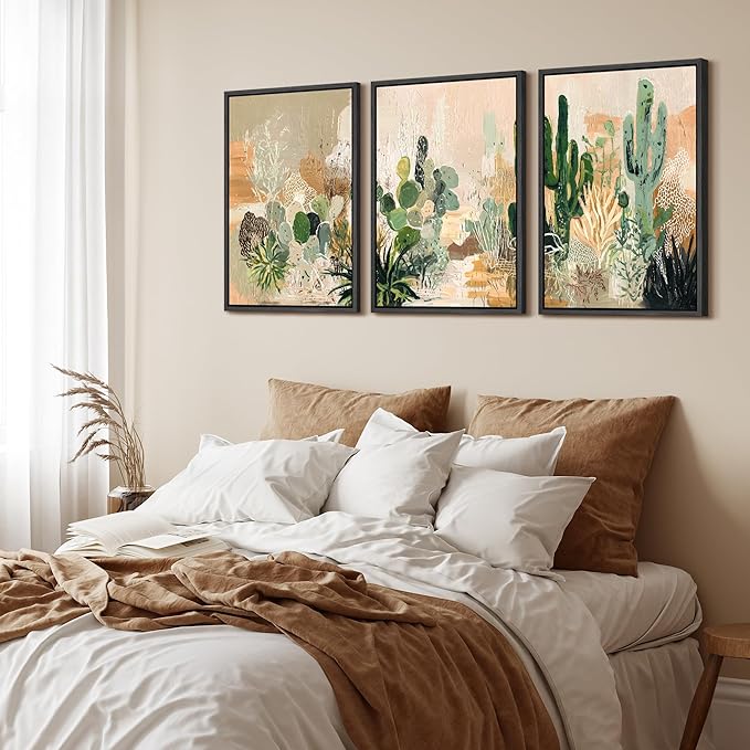 wall26 Framed Canvas Print Wall Art Set Desert Botanicals Triptych in Soft Earth Tones Illustrations Modern Art Decorative Multicolor for Living Room, Bedroom, Office - 16"x24"x3 BLACK