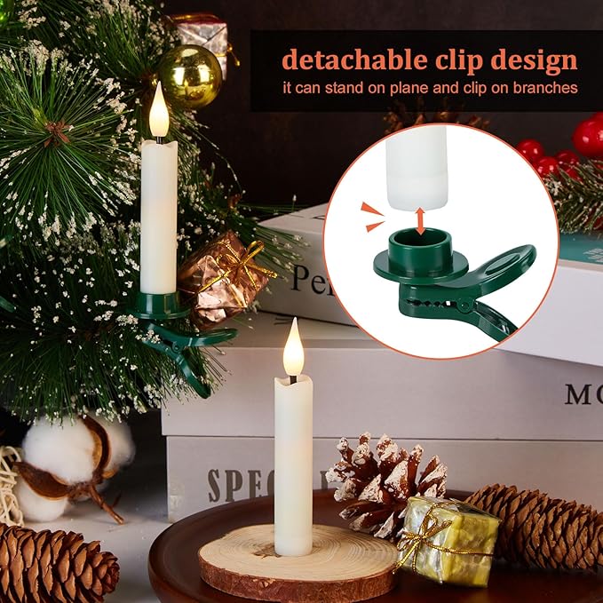 IMAGE 24Pcs LED Taper Candles Light Set Floating Effect with Fishing Line Flameless 3D Wick Ivory Candles with Clip-on Christmas Tree Design, 10-Key Remote with Timer, Warm White Light