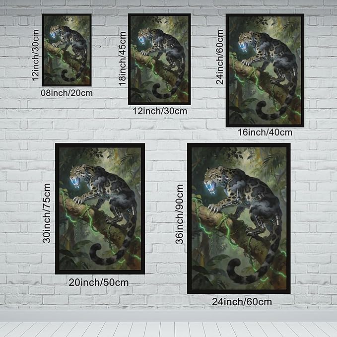 Framed Steampunk Mechanical Leopard Wall Art - Jungle Futuristic Beast Poster for Man Cave Living Room Decor 24x36in
