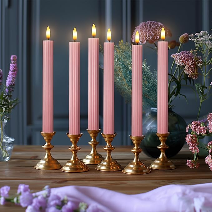 6 Pack, 10" LED Flameless Dusty Rose Fluted Ribbed Grooved Taper Candles, Remote & 24h Timer Memory, On/Off Button, Dimmable, Flicker Mode, Battery Operated, Christmas Menorah Wedding