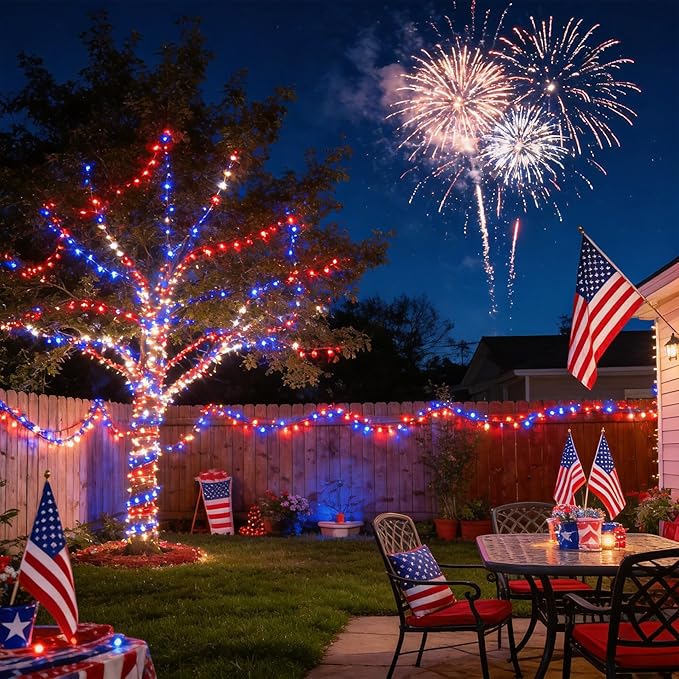 ITICdecor 4th of July Decorations 100 LED Red White and Blue Fairy String Lights, 33Ft String Lights Battery Operated Waterproof, 8 Modes Connectable Patriotic Lights for Home Yard Patio Party Decor