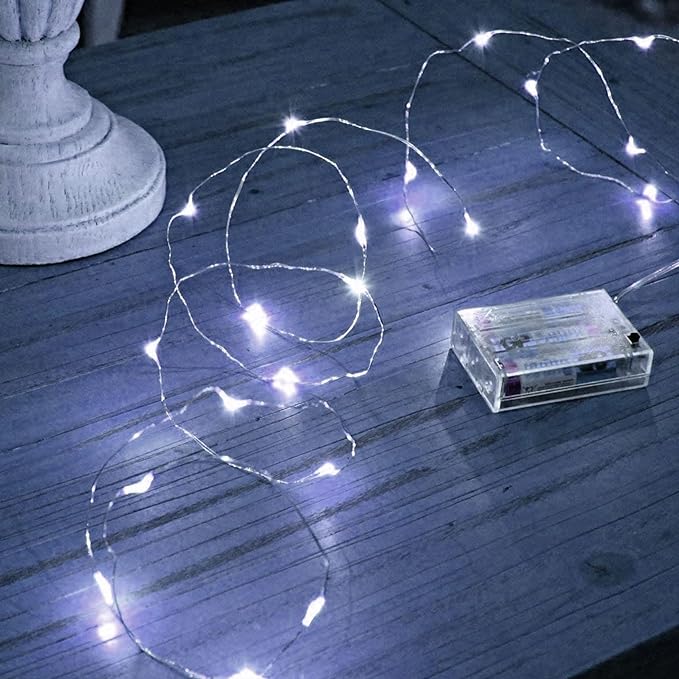 Dazzle Bright Fairy Lights Battery Operated, 20 FT 60 LED Silver Wire Waterproof Battery Operated String Lights, Christmas Decorations for Indoor Outdoor Bedroom Yard Decor, White