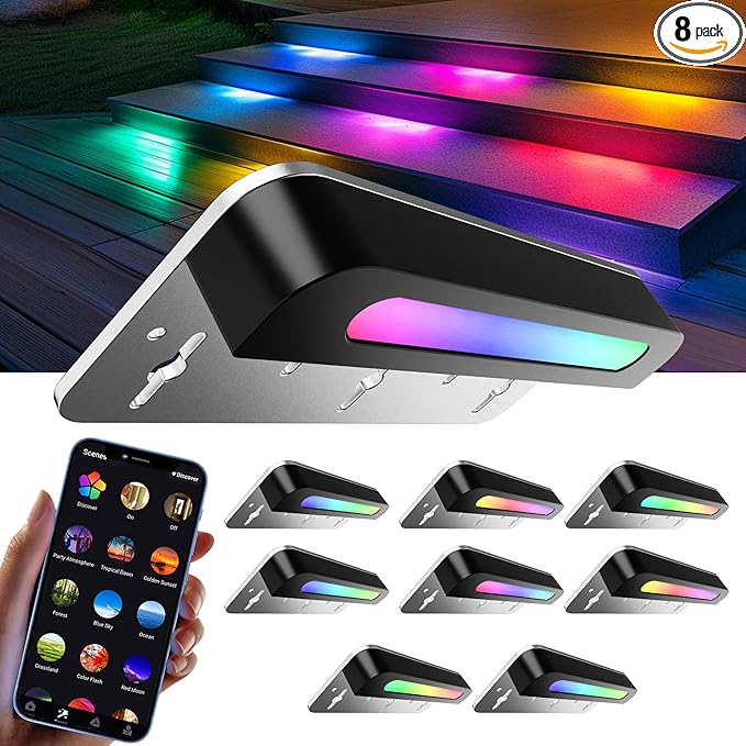 ASLONG 8PCS 7 inch RGB LED Hardscape Lighting, Retaining Wall Lights RGB Color Changing & Warm White, Low Voltage LED Landscape Paver Lights Waterproof Outdoor Step Lights for Steps Sidewalk
