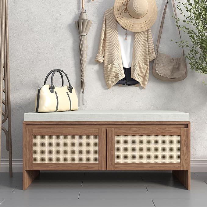 Rattan Entryway Bench with Cushion, Mid-Century Modern Shoe Cabinet with 2 Rattan Doors, Storage Bench for Hallway, Antique Natural