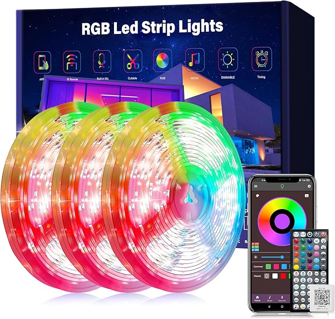 300ft(100ft*3Rolls) Led Lights for Bedroom Music Sync, Color Changing Led Strip Lights with IR Remote and App Control RGB Led Light Strip for Home Party Room Decor