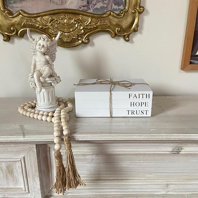 Decorative Books for Home Decor, White Faux Books for Decoration, Rustic Farmhouse Stacked Display Books (Faith, Hope, Trust)