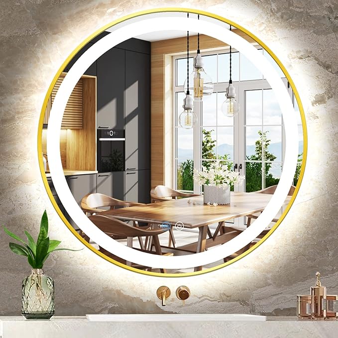 30 Inch Gold Round Vanity Mirror with Lights Gold Frame Circle Lighted Mirror for Bathroom Salon Wall 30" Golden Circle Round LED Light up Mirrors Smart Touch Memory 3 Color Dimmable AntiFog