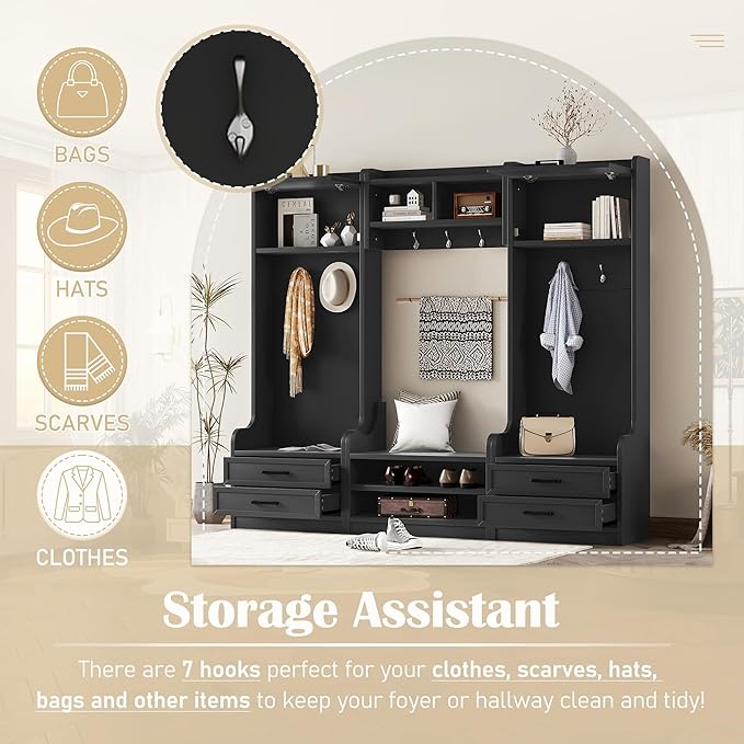 Bellemave Wide Hall Tree with Storage Bench, Wood Coat Rack with Cabinet and 7 Hooks, Mudroom Organizer with Shoes Storage Cubbies for Entryway Hallway (Black, 78" W)