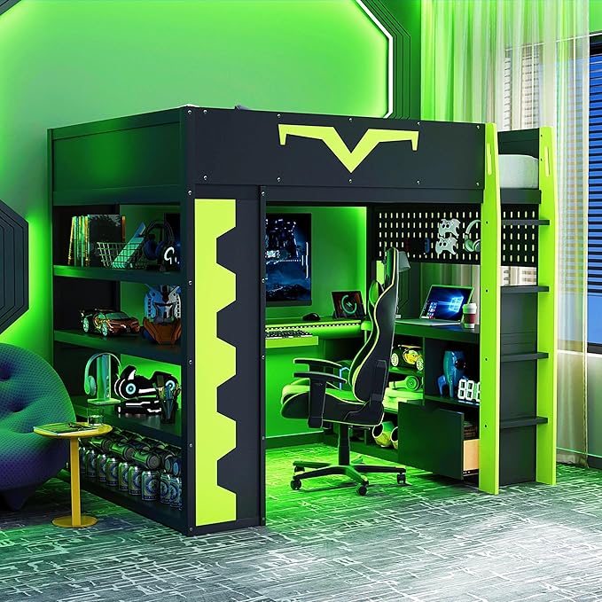 Full Size Gaming Loft Bed with Integrated Desk & RGB LED Lights,Bunk Bed with Power Outlet, Large Bookshelf, Pegboard, Keyboard Tray & Drawer (Green-Bo, Full)