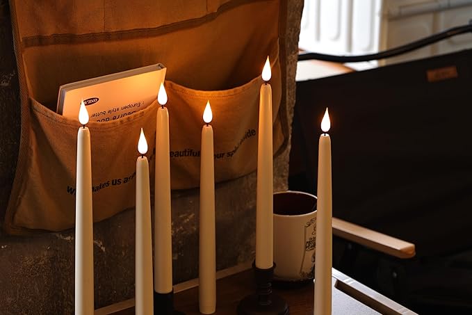 Fireless Window Candle, Cone Battery Powered LED Timed Warm 3D Wick Candle Plastic with Base, 12 Piece Set with 10 Key Remote, Home Wedding Decor (0.78x9.84 inches)